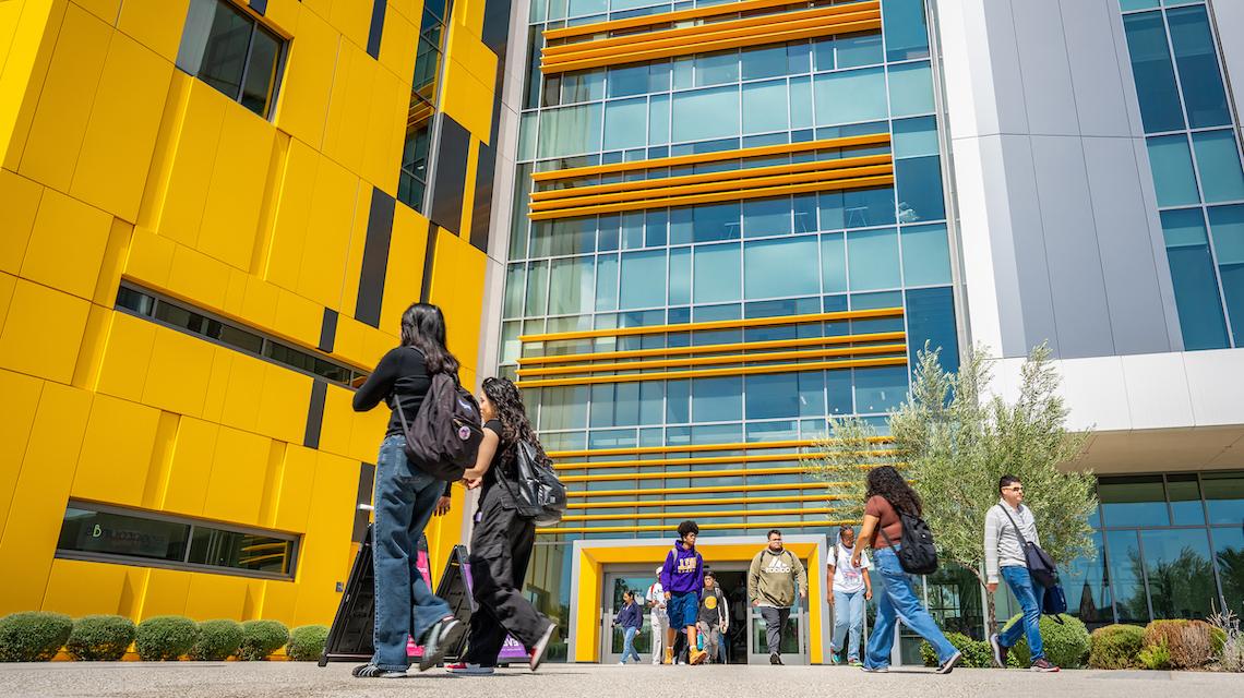 Student walking to building